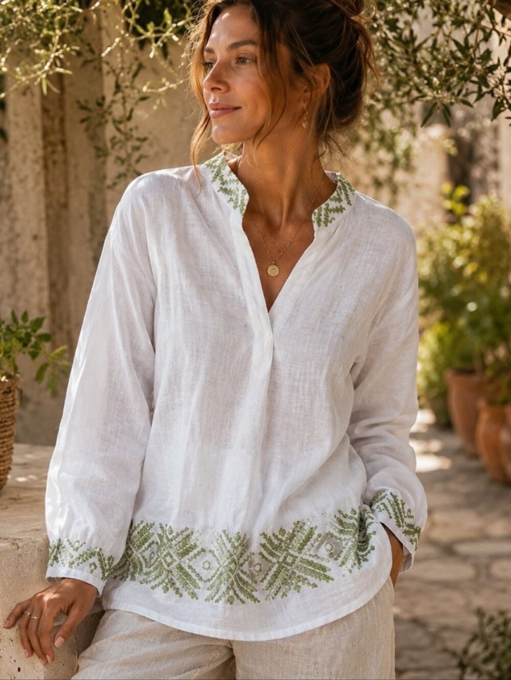 White Embroidered V-Neck Linen Blouse with Green Trim
